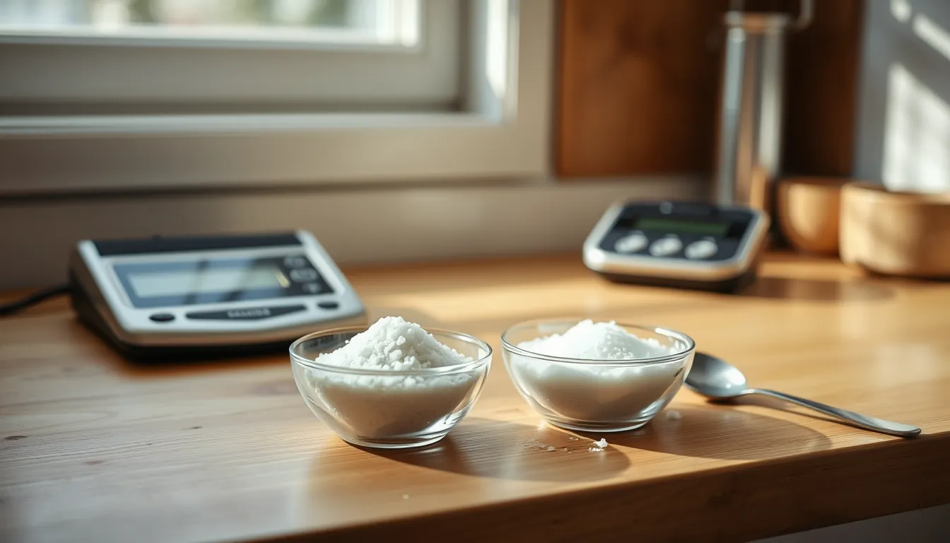 Three bowls of salt with different grain sizes beside a kitchen scale